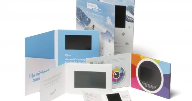 This image shows a group of video brochures ranging in screen size from 2.4" to 10.0".