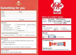 Kit Kat sent out a royal-mail-inspired flyer that stated the free Kit Kat Chunky chocolate bar