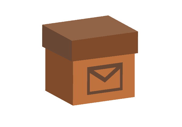 Brown box with a mail envelope on the top of it. This is meant to represent direct mail marketing