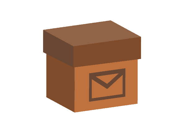 Brown box with a mail envelope on the top of it. This is meant to represent direct mail marketing